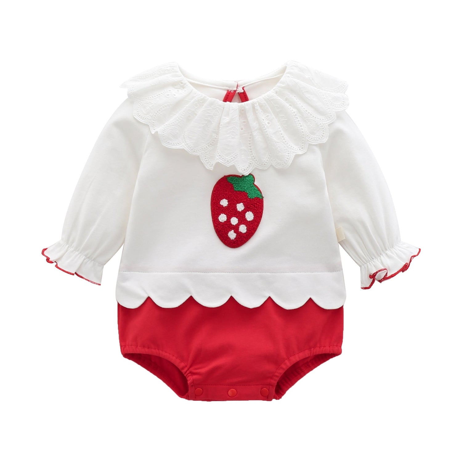 Baby Girl 1pcs Strawberry Pattern Mesh Ruffle Neck Patchwork Onesies Bodysuit-1