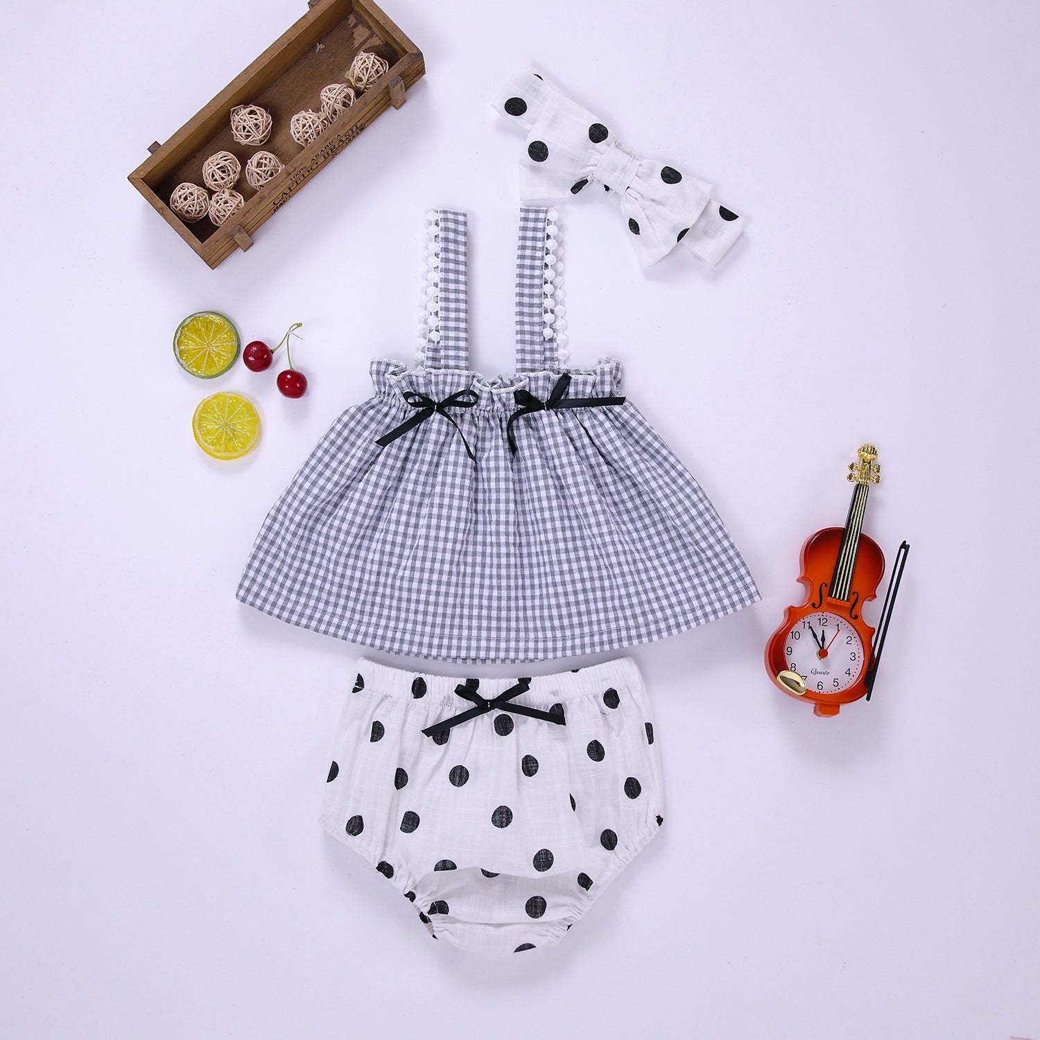 Baby Girl Plaid Pattern Sling Tops Combo Polka Dot Shorts With Handband Sets-0