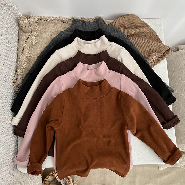 Baby Solid Color High Neck Long Sleeve Pullover Shirt Tops-0