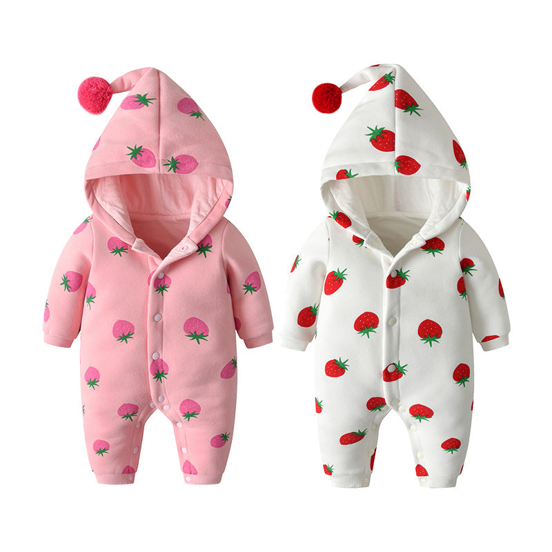 Baby Girl Strawberries Pattern Button Front Double Quilted Romper With Hat-0