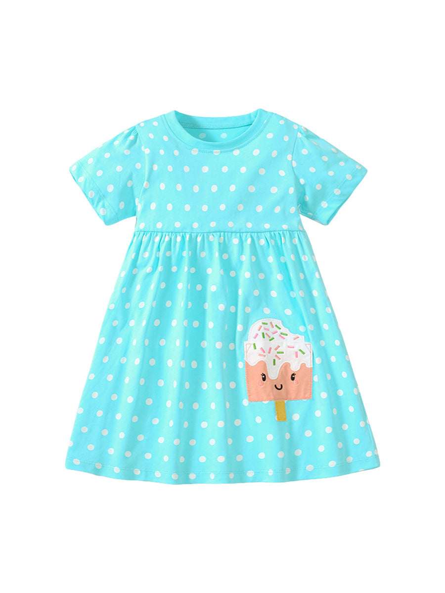 Spring And Summer Baby Girls Short Sleeves Ice-Cream Cartoon Polka Dots Dress-0