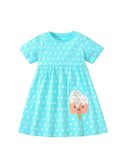 Spring And Summer Baby Girls Short Sleeves Ice-Cream Cartoon Polka Dots Dress-0