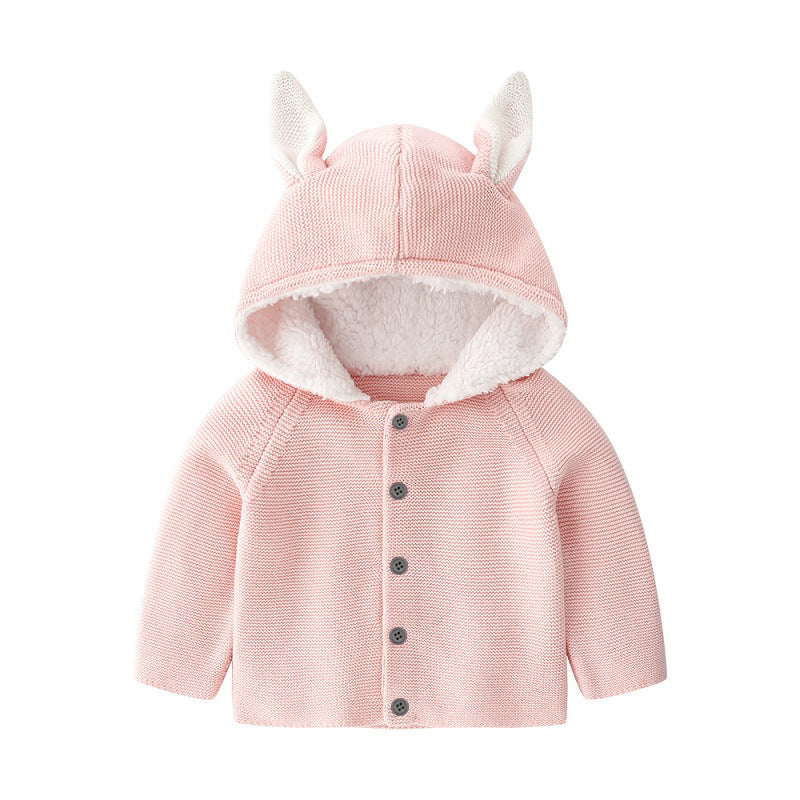 Baby Solid Color Bunny Ear Patched Hat Design Button Front Knitted Sweater Cardigan-1