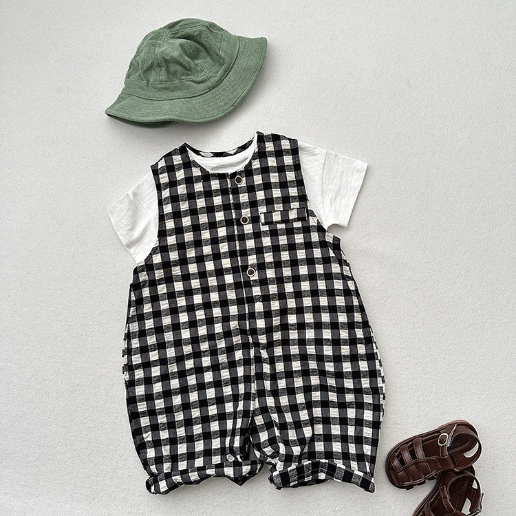 New Arrival Summer Baby Kids Unisex Black Plaid Sleeveless Single Breasted Cotton Romper-0