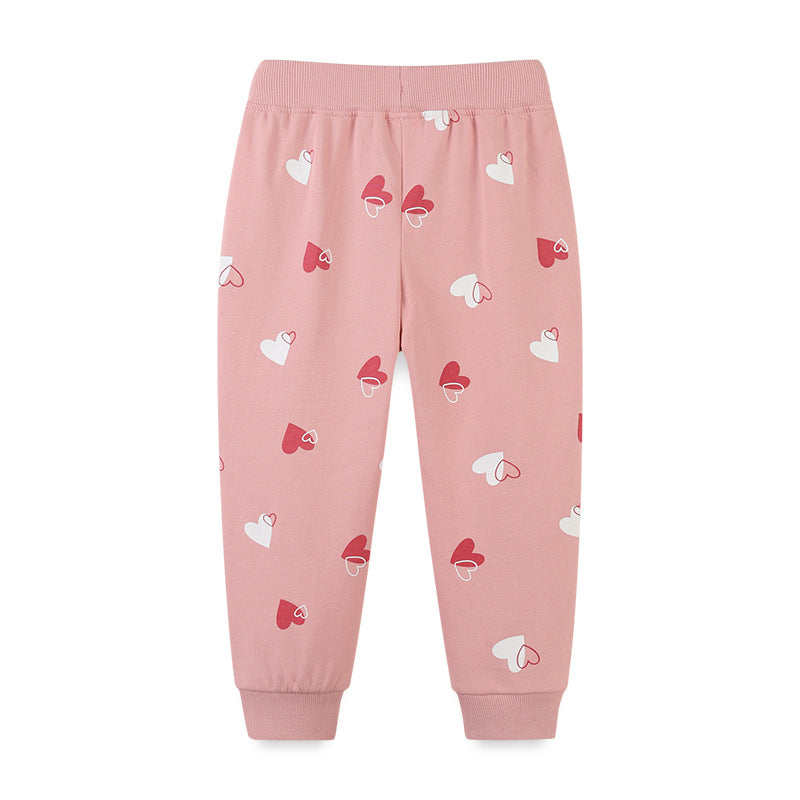 Baby Girl Heart Print Pattern Solid Color Cute Sport Trousers-1