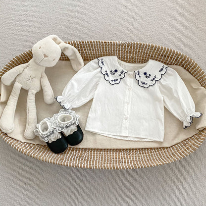 Spring Baby And Kids Girls Vintage White Shirt And Denim Overalls/Onesie Clothing Set-2