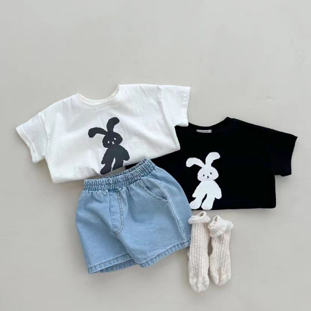 Summer New Arrival Kids Unisex Crew Neck Short Sleeves Thin Rabbit Print Top T-Shirt-1