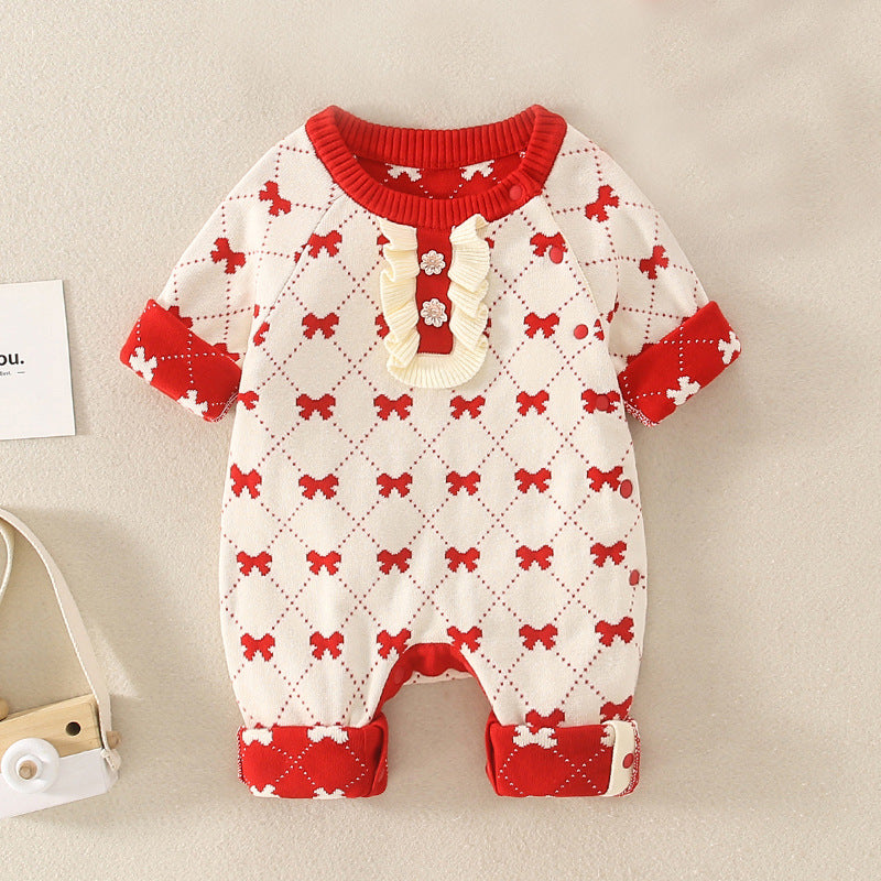 Baby Girl Embroidered Pattern Knitted Autumn Romper-0