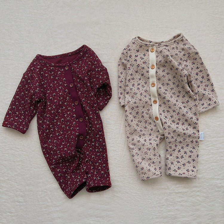 Baby Ditsy Flower Pattern Full Button Design Waffle Knit Rompers-0