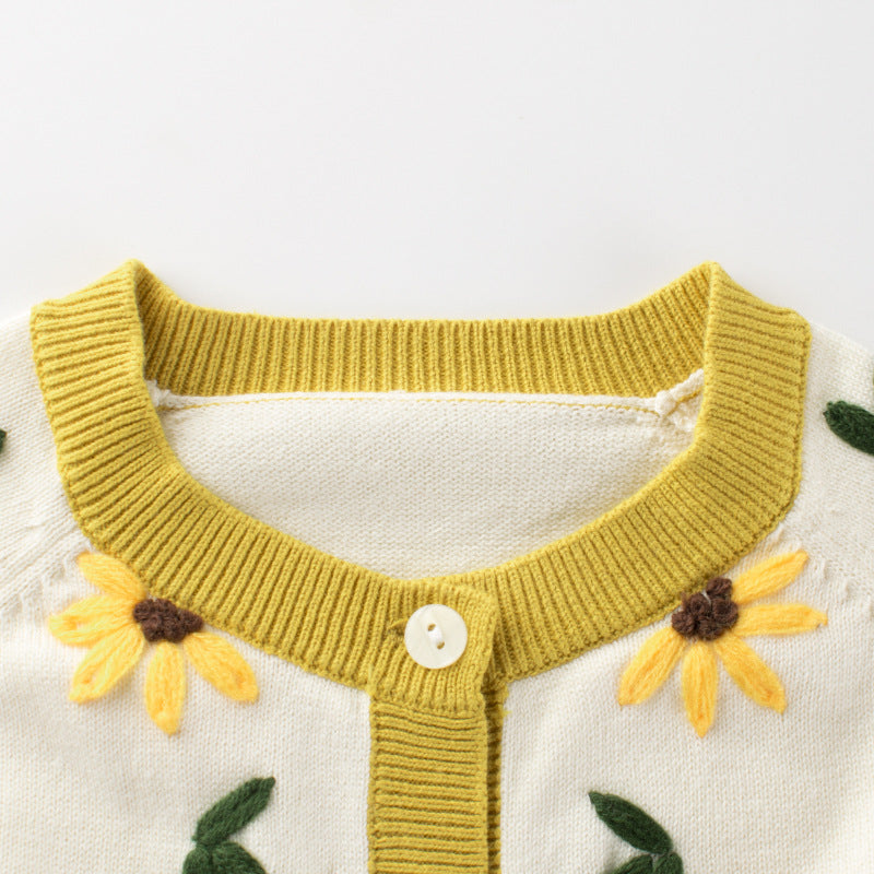 Baby Girl Floral Embroidered Pattern Simple Colorblock Design Knitwear-1