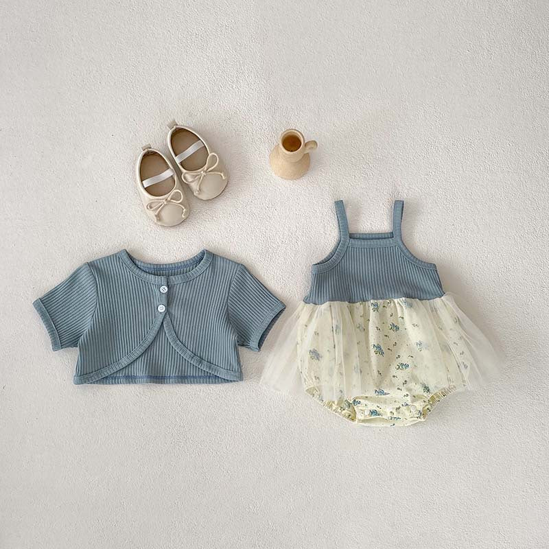 New Arrival Summer Baby Kids Girls Solid Color Short Sleeves Cardigan And Sleeveless Strap Tulle Onesies – Sister Matching Set-3