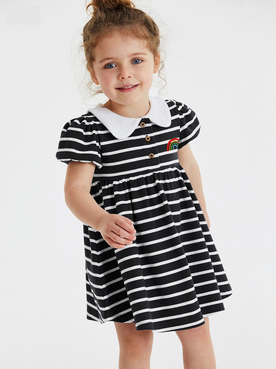 Baby Girls Peter Pan Collar Short Sleeves Striped Rainbow Logo Dress-1