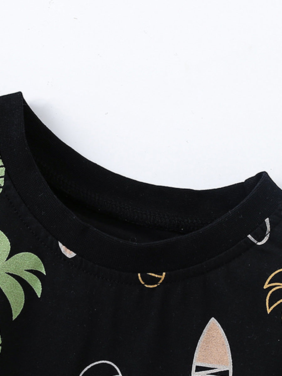 Summer Baby Kids Unisex Tropical Coconut Tree Pattern Short Sleeves T-Shirt And Solid Color Shorts Casual Clothing Set-1