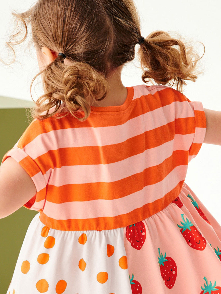 Summer New Arrival Girls Short Sleeves Striped Strawberry Print Dress-1