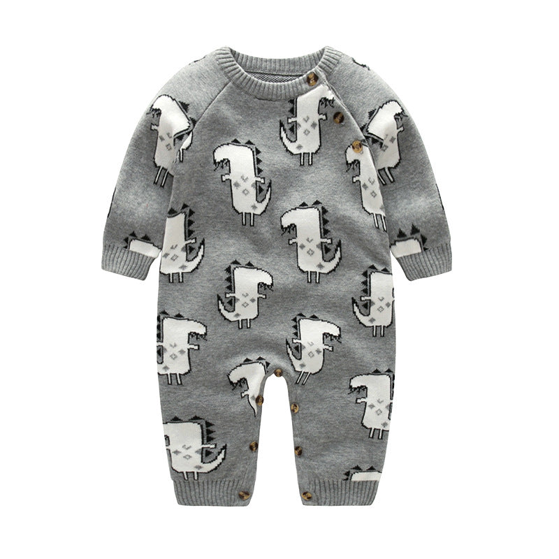 Baby Dinosaur &amp; Pineapple Pattern Shoulder Button Design Knitting Romper Jumpsuit-1