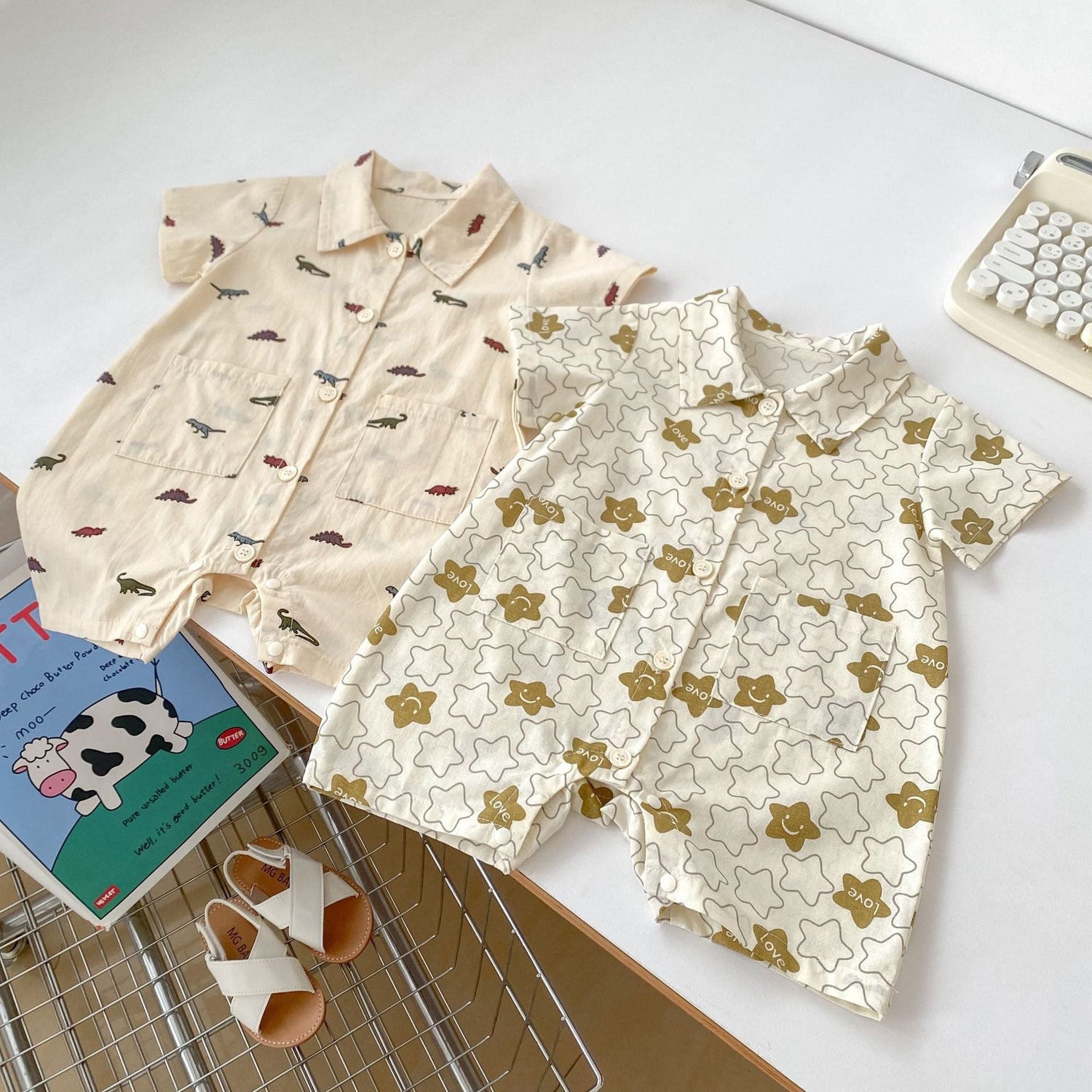 Summer New Arrival Short Sleeves Turn-Down Collar Dinosaur/Star Pattern Baby Rompers-0