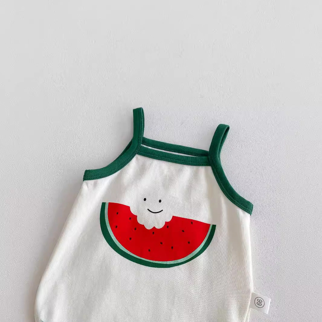 New Design Summer Baby Kids Boys And Girls Cartoon Watermelon Pattern Sleeveless Strap Onesies-1