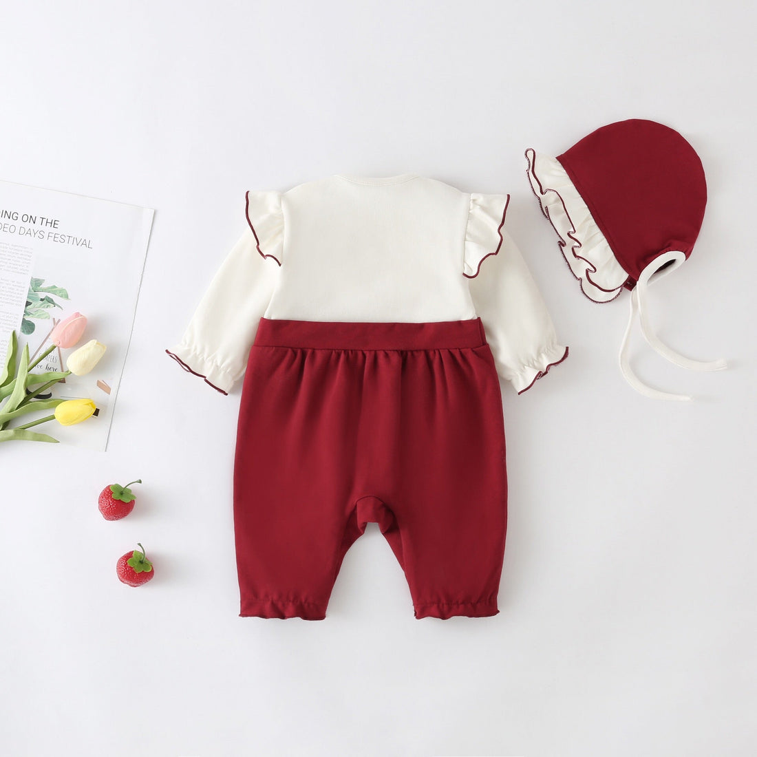 Baby Girl Lettuce Trim Design Big Bow Long Sleeve Jumpsuit-1