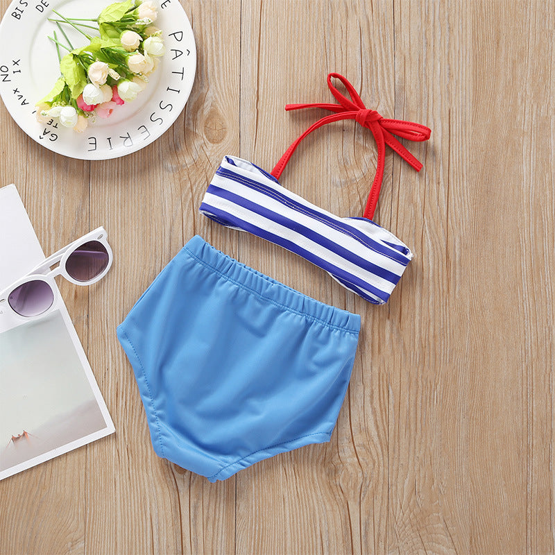 Baby Girl Striped Pattern Bow Tie Design Belted Tops Combo Shorts Swimwear-1