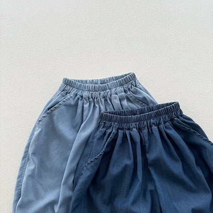 Summer New Arrival Modern Casual Unisex Blue Denim Elastic Waistband Lantern Pants-3