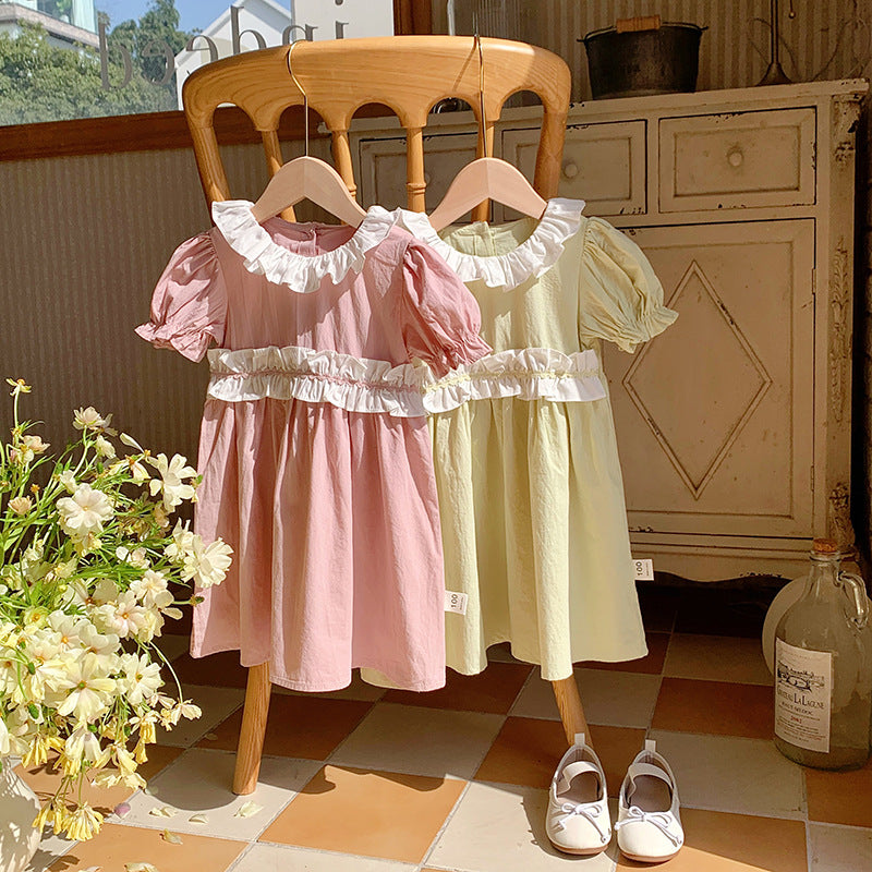 New Arrival Summer Kids Girls Short Sleeves Ruffle Collar Princess Dress-0