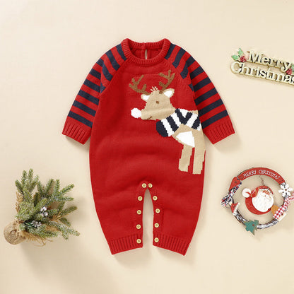 Baby Cartoon Elk Graphic Side Striped Sleeve Knitted Romper-1