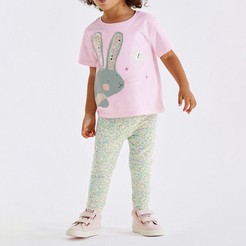 Baby Girls Kids Floral Rabbit Cartoon Pattern T-Shirt And Pants Two-Piece Set-0