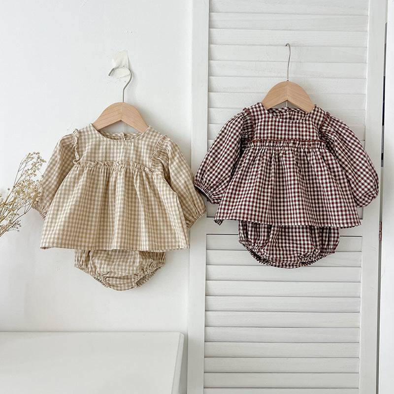 Autumn Hot Selling Baby Girls Long Sleeves Plaid Top Dress And Bloomer Clothing Set-0