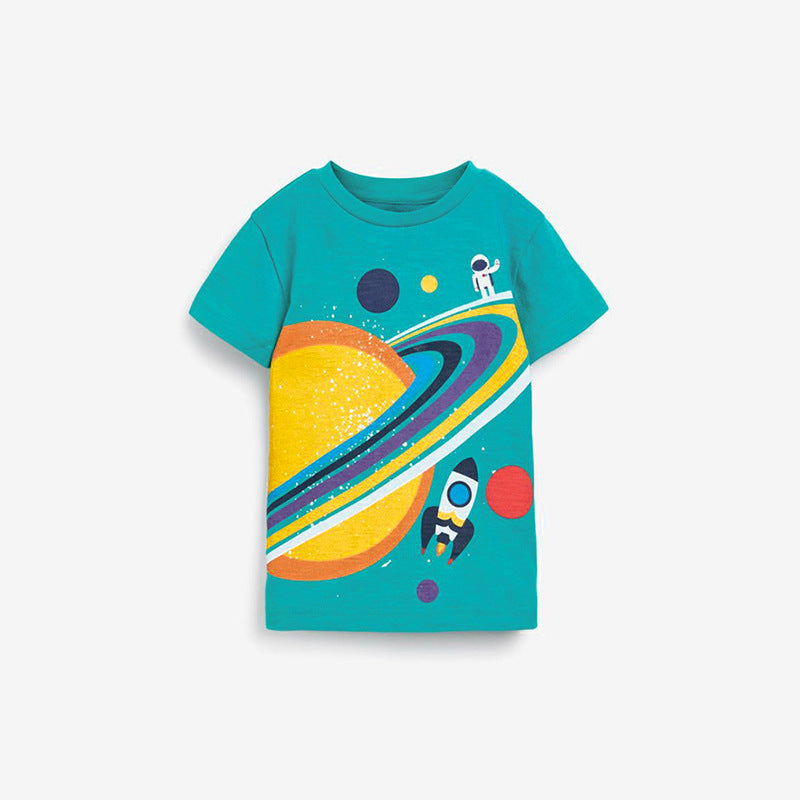 Boys Space Rocket Cartoon Print T-Shirt In European And American Style For Summer-1