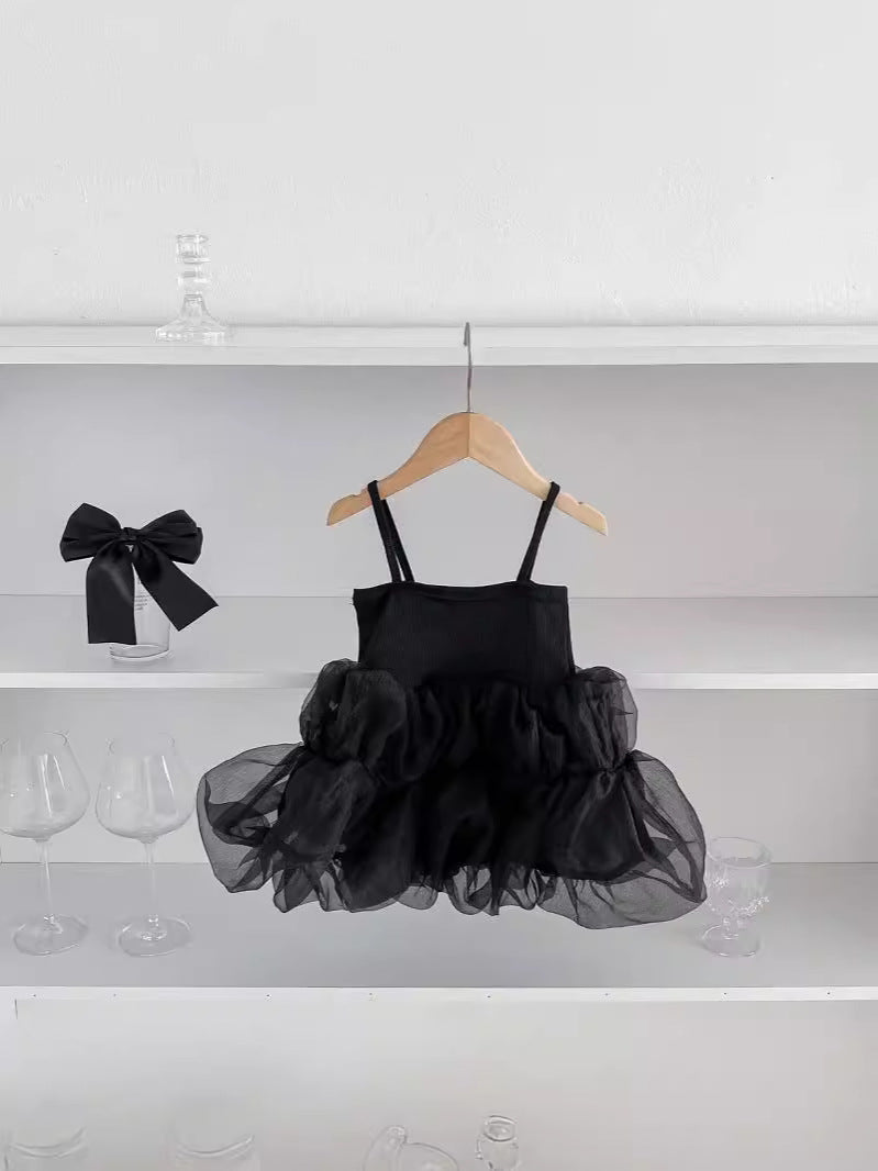 Summer Hot Selling Baby Kids Girls Princess Sleeveless Thin Solid Color Lace Mesh Ruffle Strap Dress-0