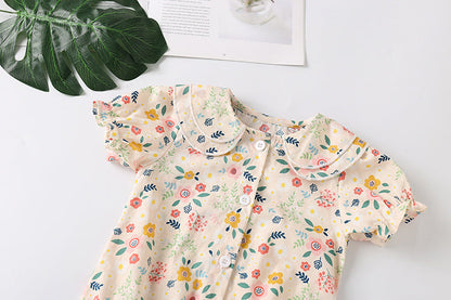 Baby Girl Froral Print Pattern Shirt With Double Collar Design Short Sleeved Onesies-1