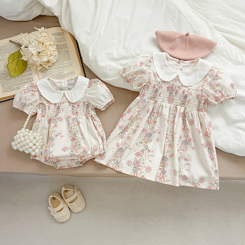 New Arrival Summer Girls Peter Pan Collar Short Sleeves Floral Print Onesies And Dress – Princess Sister Matching Set-3