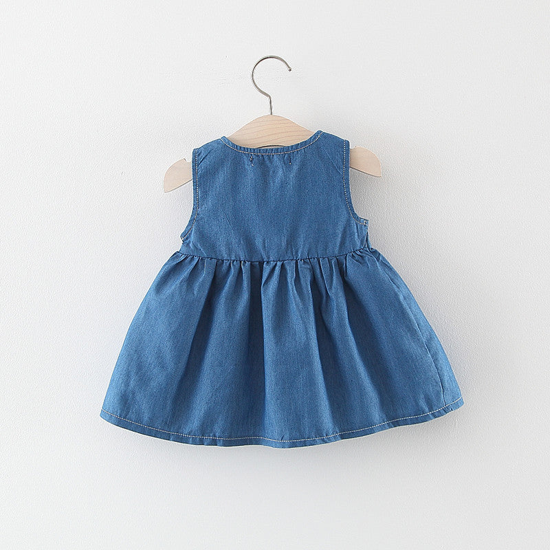 Baby Girl Solid Blue Denim Dress In Summer-2