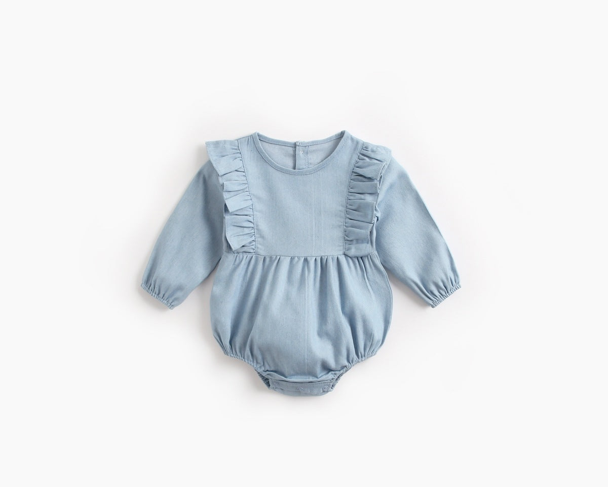 Baby Girl Solid Color Ruffle Design Denim Long Sleeved Bodysuit Onesies-1