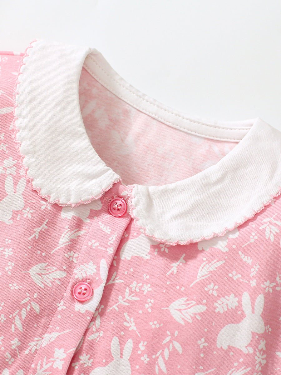 Baby Kids Girls Pink Short Sleeves Dress With Rabbits And Flowers Pattern-2