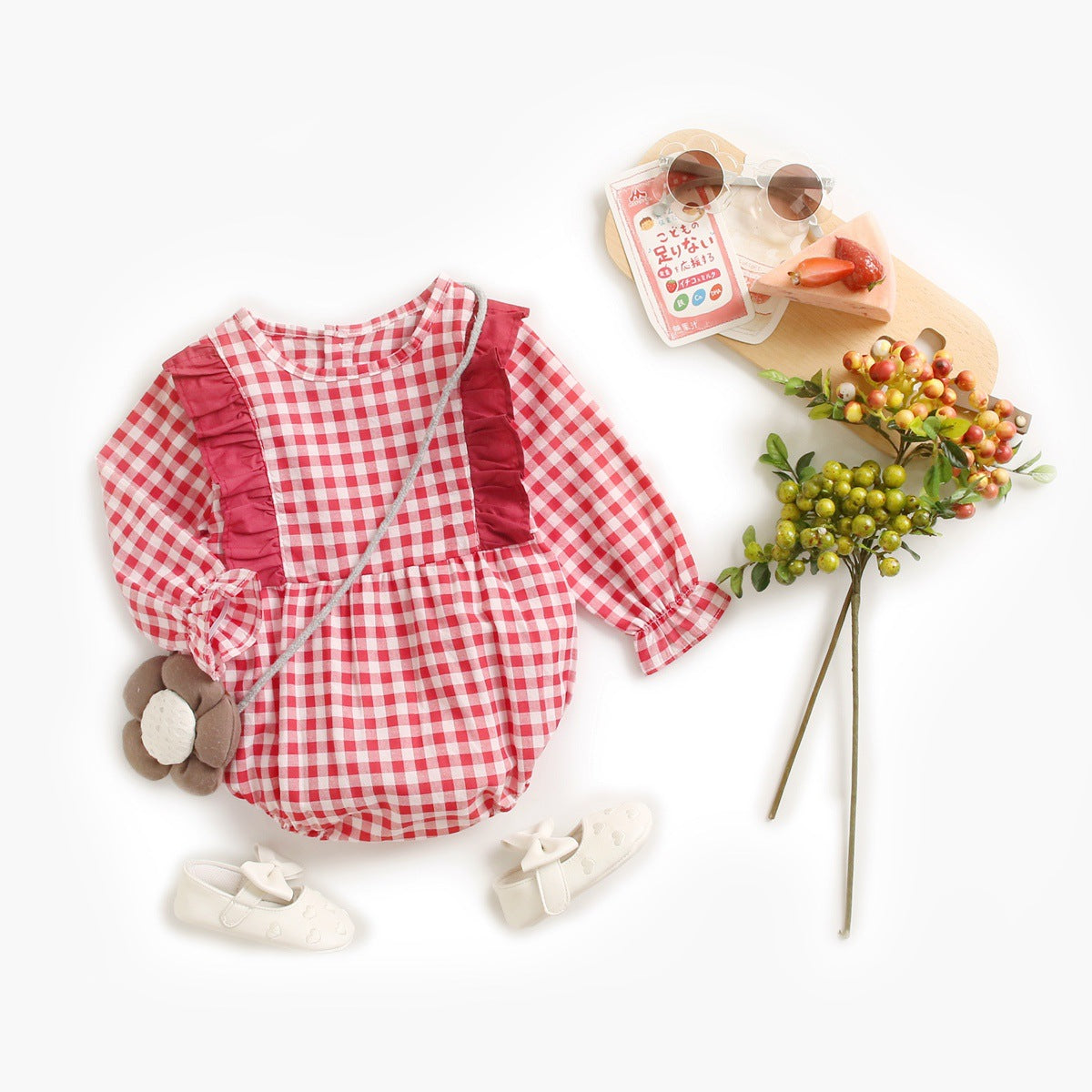 Baby Girl 1pcs Plaid Pattern Ruffle Design Puff Sleeve Bodysuit-1