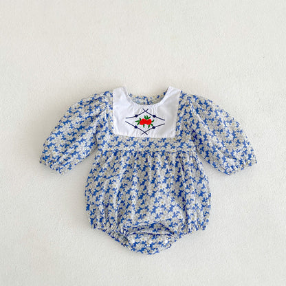 Baby Girl Ditsy Floral Pattern Embroidered Design Long Sleeved Onesies-1