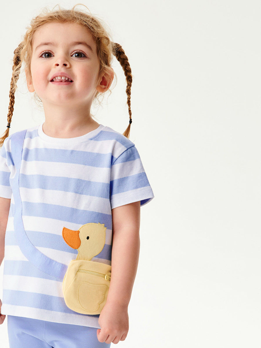 Summer Girls Ducks Cartoon Striped T-Shirt And Pants Set-2