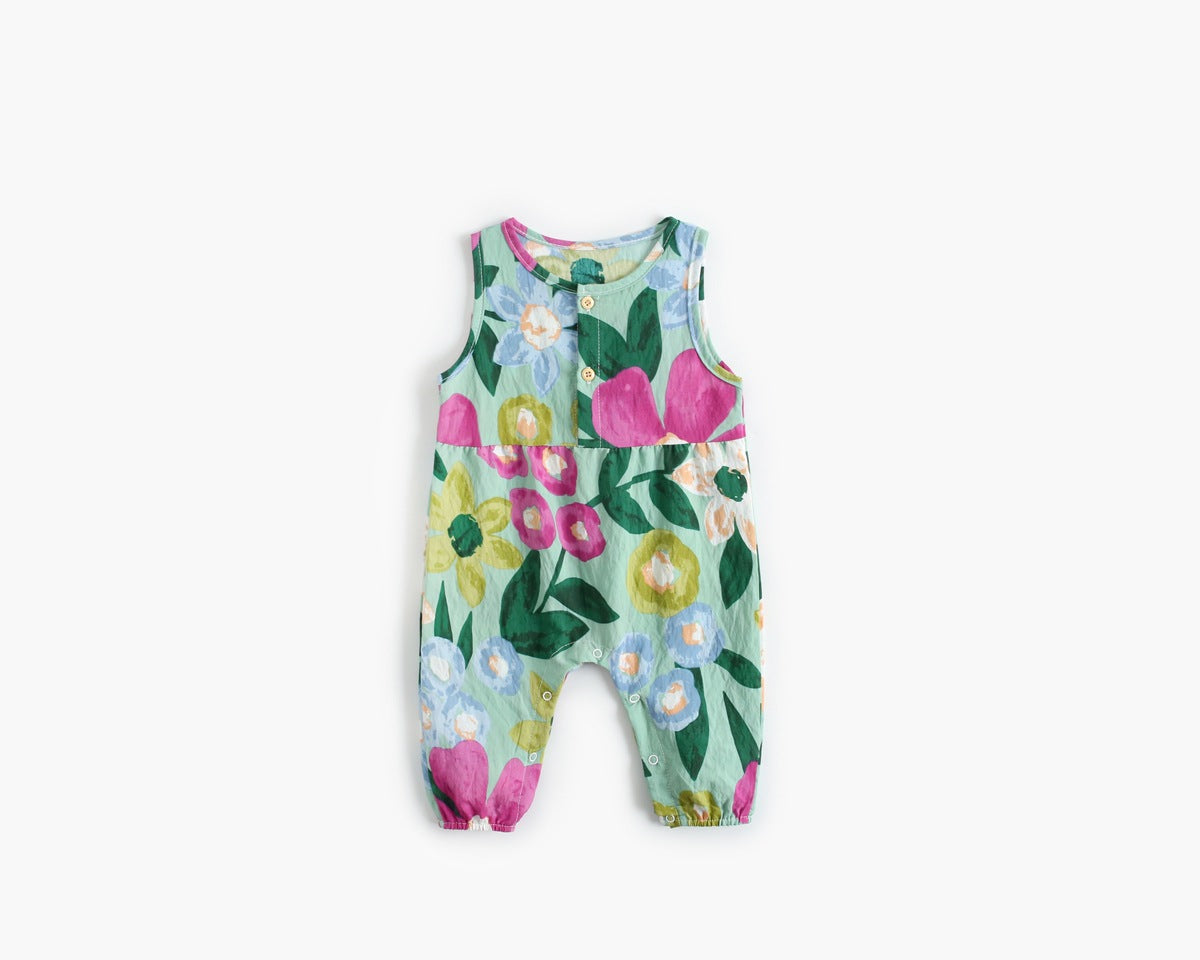 Baby Girl Floral Print Pattern Buttoned Design Sleeveless Rompers-3