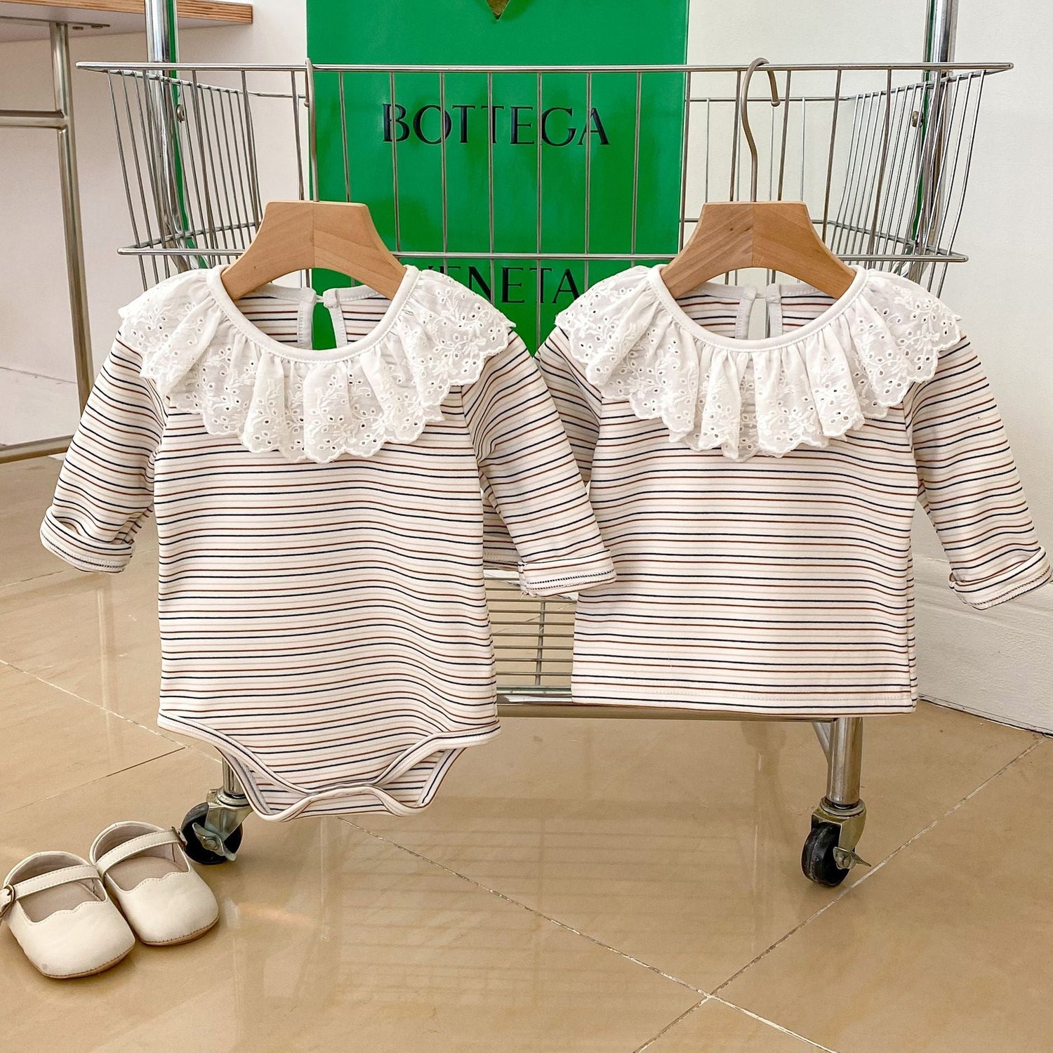 Autumn Striped Pattern Ruffle Neck Tops &amp; Onesies-0