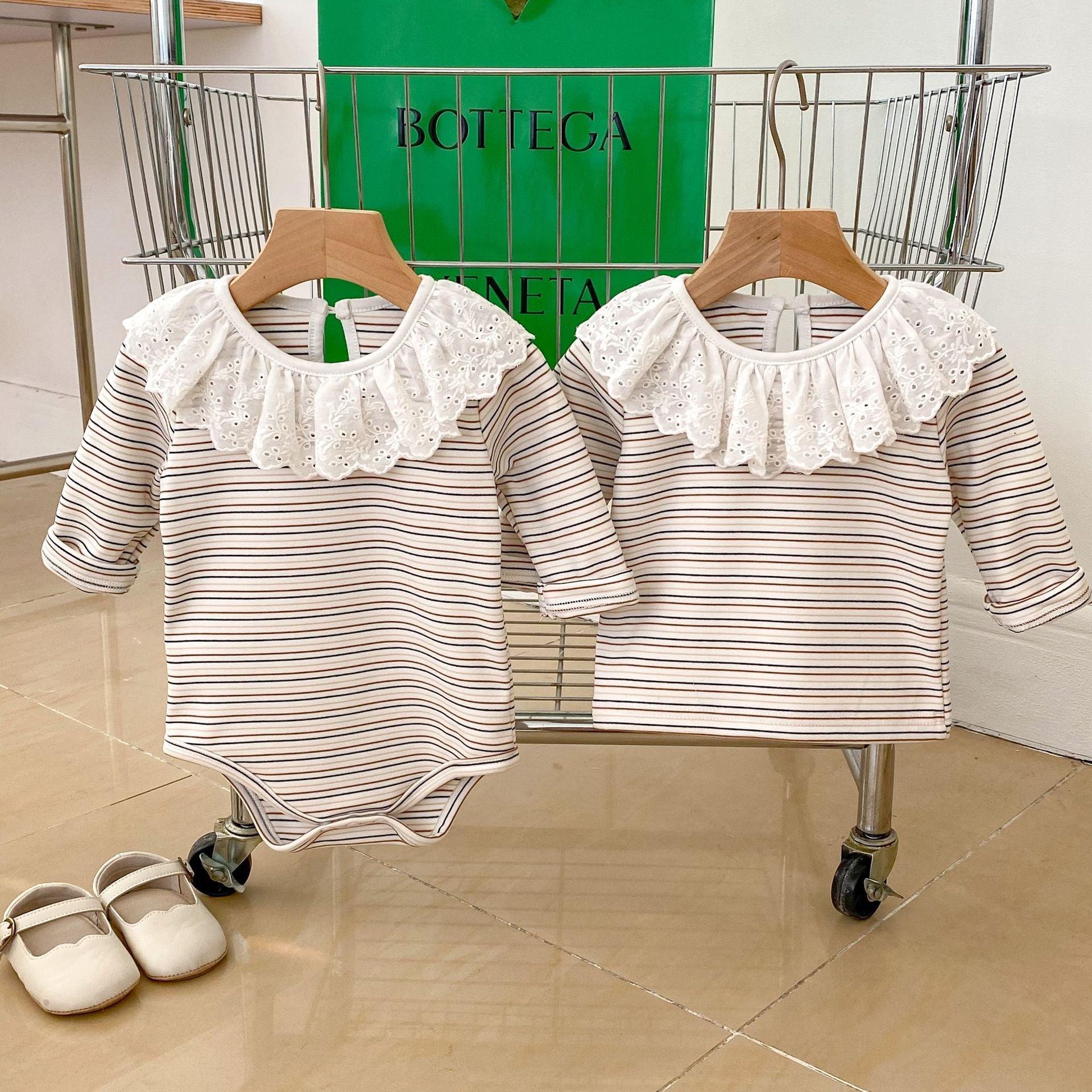 Autumn Striped Pattern Ruffle Neck Tops &amp; Onesies-0