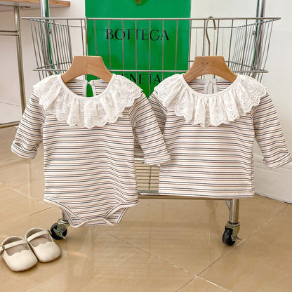 Autumn Striped Pattern Ruffle Neck Tops &amp; Onesies-0