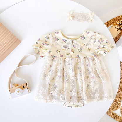 Baby Girls Floral Print Embroidered Lace Patchwork Design Doll-Neck Onesies Dress-1