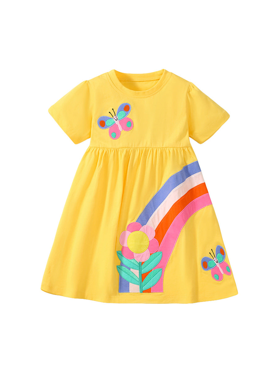 Spring And Summer Baby Girls Short Sleeves Rainbow Butterfly Floral Dress-0