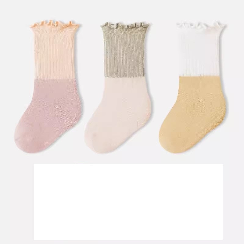 Baby Kids Unisex Patchwork Comfortable Mid-Calf Socks With Ribbed Cuffs Set-0