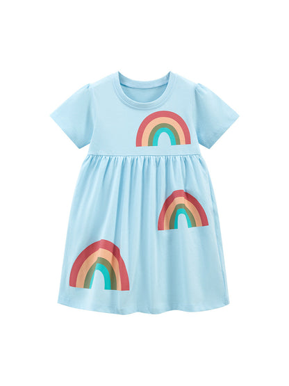 Spring And Summer Baby Girls Blue Short Sleeves Rainbow Pattern Dress-0