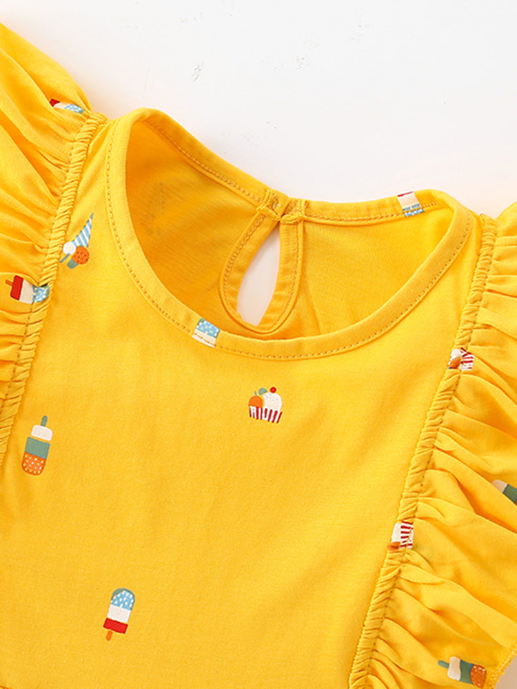 Summer New Arrival Baby Kids Girls Sleeveless Ice-Cream Pattern Crew Neck Yellow Dress-1