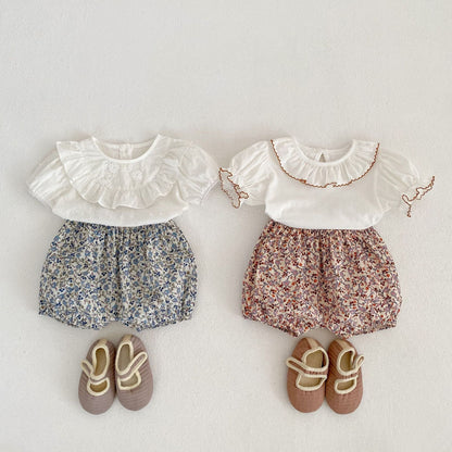 Baby Solid Color Puff Sleeve Blouses Combo Shorts Sets-0