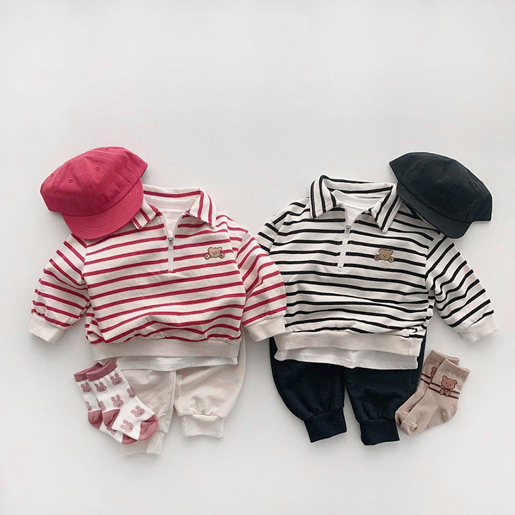 Baby Cute Bear Embroidered &amp; Striped Pattern Polo Neck Cotton Hoodies-0