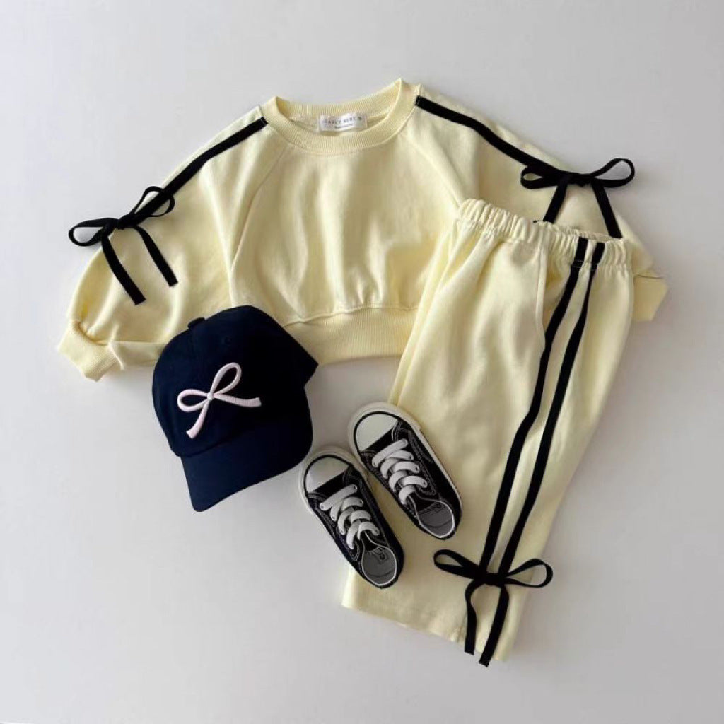 Autumn Baby Kids Girls Casual Bows Tied Pullover And Pants Clothing Set-2